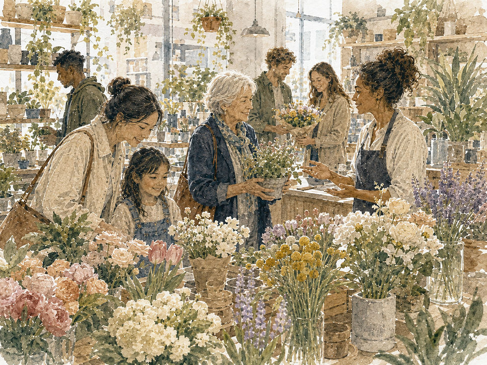 Akvarell fra en lys blomsterbutikk der barn, voksne og eldre kunder velger planter og blomster og får personlig rådgivning av en medarbeider. Bildet illustrerer hvordan kundeinnsikt, produktkunnskap, service og forståelse av ulike behov kan skape trygghet, gode valg og sterkere kunderelasjoner.