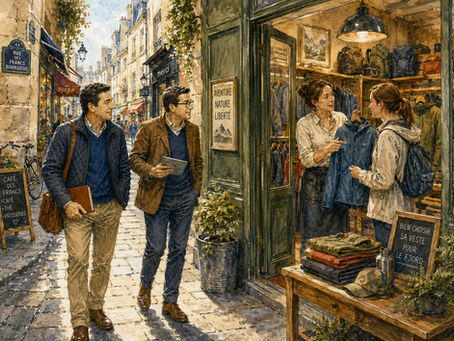 Magne og KI-Kompisen går gjennom Rue des Francs-Bourgeois i Le Marais i Paris og observerer en kunde som får personlig veiledning i en liten spesialisert friluftsbutikk. En erfaren butikkmedarbeider viser kunden en jakke og bruker samtalen til å forstå behovet før hun anbefaler et produkt. Rundt dem ser vi jakker, ryggsekker og turutstyr i den lille fagbutikken, mens det historiske parisiske gatemiljøet danner rammen rundt møtet mellom kunde, fagkunnskap og rådgivning. Akvarellen illustrerer utgangspunktet for en digital kunderådgiver: Den gode rådgiveren starter ikke med å presse frem et produkt, men med å forstå hva kunden forsøker å oppnå. Motivet kobler menneskelig produktkunnskap og personlig kundeservice til kunstig intelligens og viser hvordan fagkunnskap som tidligere først og fremst fantes hos medarbeideren i den fysiske butikken, kan gjøres tilgjengelig digitalt for kunder som trenger hjelp til å finne riktig produkt.