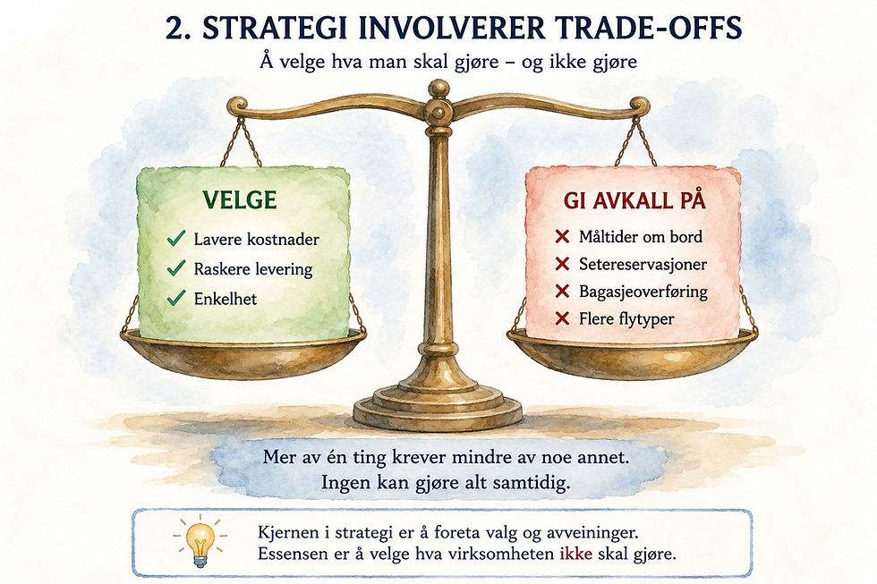 Watercolor model of Michael E. Porter's principle of strategic trade-offs. A balance scale illustrates that strategy involves deliberate choices between activities: lower costs, faster delivery, and simplicity simultaneously require the business to make trade-offs. The model visualizes Porter's central point that the essence of strategy is not only choosing what the business will do, but also what it will not do.