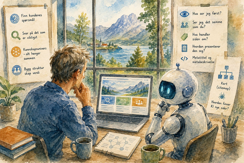 Akvarellillustrasjon som viser hvordan mennesker og kunstig intelligens bygger et felles kunnskapsunivers. En fagperson og en vennlig KI-assistent samarbeider foran et nettsted omgitt av temaer som kundenes spørsmål, kunnskapsstruktur, metatitler, metabeskrivelser, sitemap, søkemotorer og informasjonsarkitektur. Illustrasjonen introduserer innholdsfortegnelsen til fagserien «Kunstig intelligens – fra teknologi til kunnskap» på Den usynlige kapitalen og viser hvordan godt strukturert innhold gjør nettsteder lettere å forstå for både mennesker, søkemotorer og kunstig intelligens.