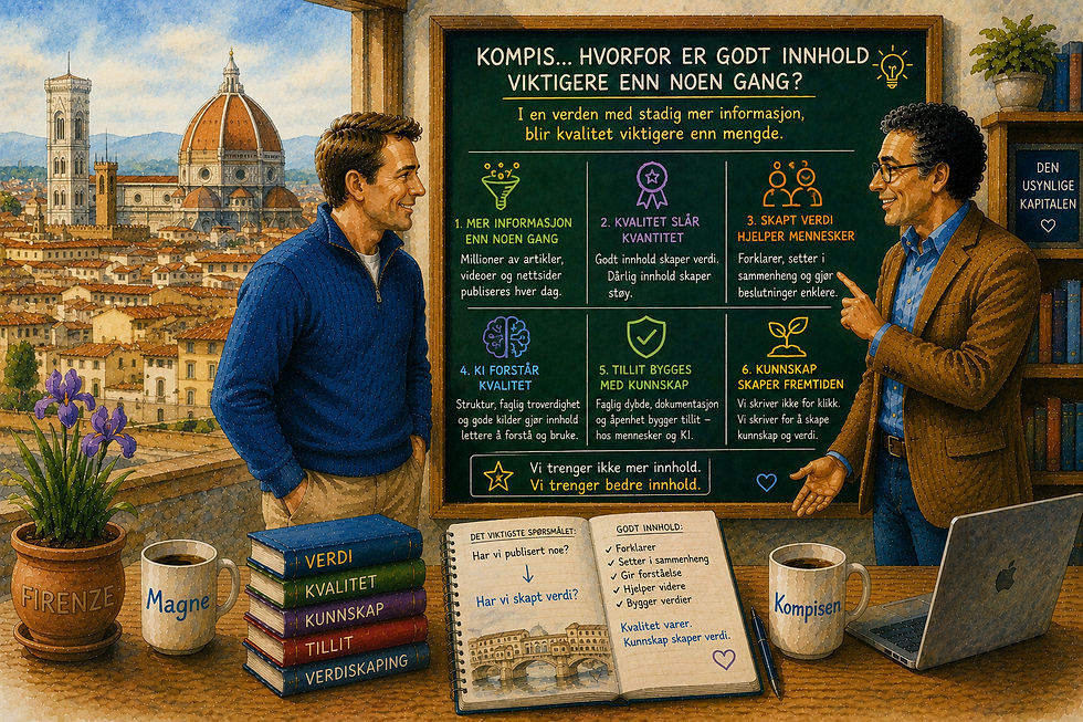Akvarellillustrasjon av Magne Bjella og KI-kompisen foran en grønn krittavle med den historiske Ponte Vecchio og elven Arno i Firenze som vakker bakgrunn gjennom vinduet. Tavlen illustrerer hvordan kvalitet, struktur og troverdighet gjør digitalt innhold mer verdifullt for både mennesker og kunstig intelligens. Den viser hvordan godt innhold gir innsikt, hjelper mennesker med å ta bedre beslutninger og gjør det enklere for kunstig intelligens å forstå og oppsummere informasjon. Illustrasjonen fremhever at godt innhold skaper langsiktig verdi gjennom relevans, tydelig struktur og faglig kvalitet fremfor mengde og raske klikk.