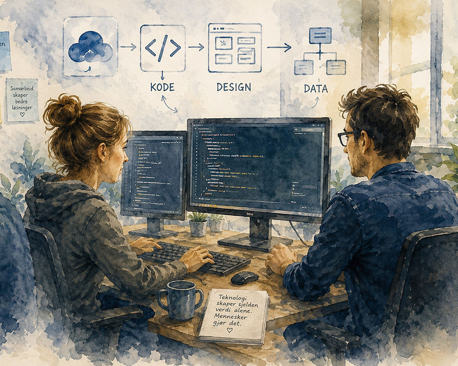 Akvarellillustrasjon av utviklingsteam som arbeider med kode, design og data i moderne digital tjenesteutvikling