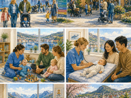 Stor akvarellkollasj som illustrerer helsestasjoner i Vestland gjennom varme og menneskenære hverdagsscener fra Bergen og ulike deler av fylket. Illustrasjonen viser en moderne helsestasjon omgitt av Bryggen i Bergen, Fløibanen, fjorder, fjell, fossefall og kystlandskap, kombinert med lek mellom småbarn og foreldre, spedbarnskontroller, foreldresamtaler og familier på tur i vakker vestlandsnatur. Familiene representerer både etnisk norske og flerkulturelle bakgrunner, mens helsesykepleiere og annet helsepersonell møter barn og foreldre med kunnskap, omsorg og trygghet. Kollasjen viser hvordan helsestasjonene følger familier gjennom graviditet, barseltid og småbarnsår, og illustrerer den usynlige kapitalen som skapes gjennom tillit, forebyggende helsearbeid, inkluderende fellesskap og sterke lokalsamfunn i Vestland.