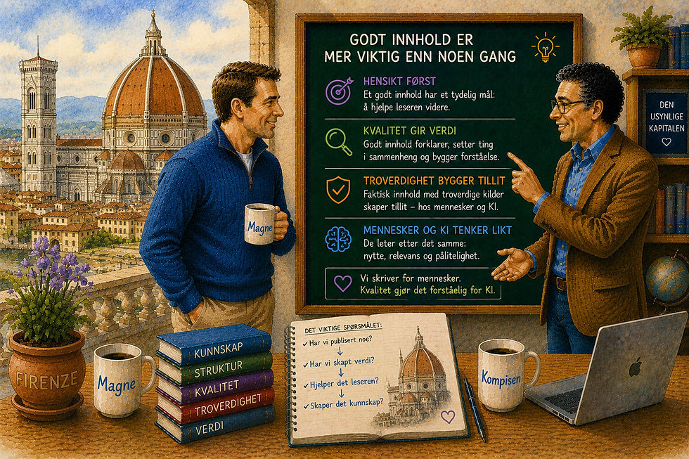 Akvarellillustrasjon av Magne Bjella og KI-kompisen foran en tradisjonell grønn klassetavle med den majestetiske kuppelen på Santa Maria del Fiore (Duomo) i Firenze som dominerende motiv gjennom vinduet. Tavlen viser hvordan godt innhold kjennetegnes av tydelig hensikt, høy faglig kvalitet, troverdige kilder og innhold som hjelper leseren videre. Illustrasjonen understreker at mennesker og kunstig intelligens søker de samme kvalitetene: relevans, pålitelighet, struktur og verdi. Budskapet oppsummeres med at godt innhold først og fremst skrives for mennesker, men at nettopp denne kvaliteten gjør det lettere også for kunstig intelligens å forstå, tolke og formidle kunnskapen videre.