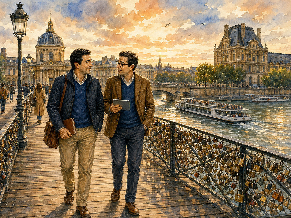 Magne and AI-Companion walk together across the Pont des Arts in Paris as they discuss how artificial intelligence can become a digital employee for small and medium-sized online stores. Around them, the Seine, classic Parisian architecture and boats on the river lie in warm afternoon light, while Magne carries a notebook and AI-Companion uses a digital tablet. The bridge also serves as a visual metaphor for the connection between human knowledge and digital capacity. The watercolor introduces a perspective on artificial intelligence where AI is not primarily intended to replace humans, but to help employees handle product information, content, customer questions, categorization, search and other work tasks in the online store. The motif emphasizes that value arises when human experience, expertise, judgment and responsibility are combined with artificial intelligence that can give the business greater capacity to help the customer.