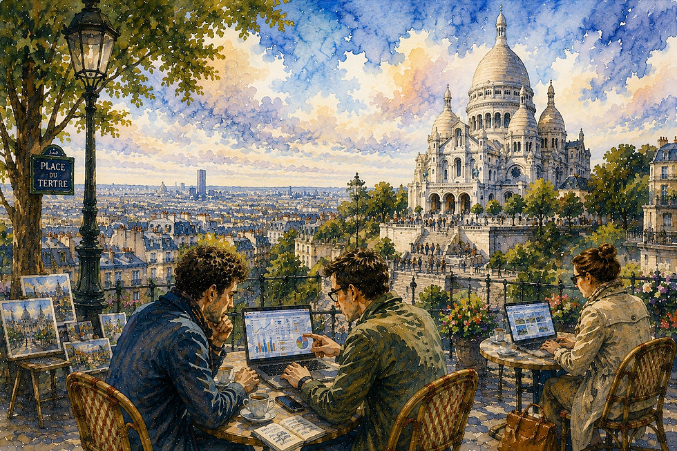 Akvarell fra Montmartre i Paris med Sacré-Cœur, byliv og mennesker som bruker digitale verktøy, som illustrerer hvordan web, selvbetjening og digitale tjenester flyttet oppgaver nærmere brukeren.