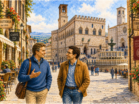 Akvarell av Magne og Kompisen som vandrer gjennom den historiske universitetsbyen Perugia i Italia, omgitt av Piazza IV Novembre, Palazzo dei Priori, Fontana Maggiore og den middelalderske bykjernen. Illustrasjonen symboliserer hvordan kunnskap, erfaring, spesialisering og tillit kan gi små og mellomstore bedrifter nye konkurransefortrinn i en tid der kunstig intelligens endrer spillereglene. Motivet brukes i en fagartikkel om kunstig intelligens (KI), små og mellomstore bedrifter (SMB), digitalisering, verdiskaping, kundeopplevelser, lokal kunnskap, ekspertise, SEO, GEO (Generative Engine Optimization), AI Search, innholdsstrategi, kunnskapsdeling og hvorfor menneskelig kompetanse blir stadig viktigere i den digitale økonomien.