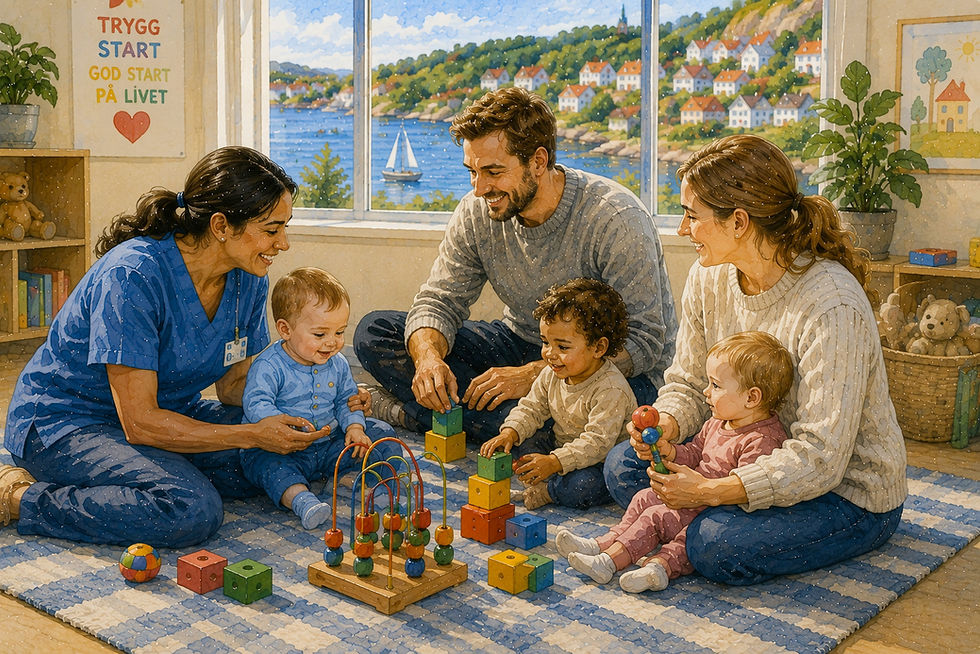 Akvarellillustrasjon fra en helsestasjon i Vestfold hvor en helsesykepleier deltar i lek og samspill sammen med en mangfoldig familie og små barn. Foreldrene sitter på gulvet sammen med barna og bygger klosser, leker med pedagogiske treleker og utforsker omgivelsene i et lyst og barnevennlig rom. Store vinduer slipper inn dagslys og gir utsikt mot Vestfolds vakre kystlandskap med sjø, småbåter og grønne åser. Illustrasjonen viser hvordan lek, dialog og tidlig samspill bidrar til barns utvikling og hvordan helsestasjonene bygger trygghet, tillit og sterke relasjoner mellom barn, foreldre og helsepersonell.