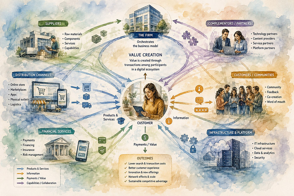 Watercolor illustrating Amit and Zott's theory of value creation in e-business, where businesses create value through innovation, efficiency, complementarities, and customer lock-in in digital business models and networks.