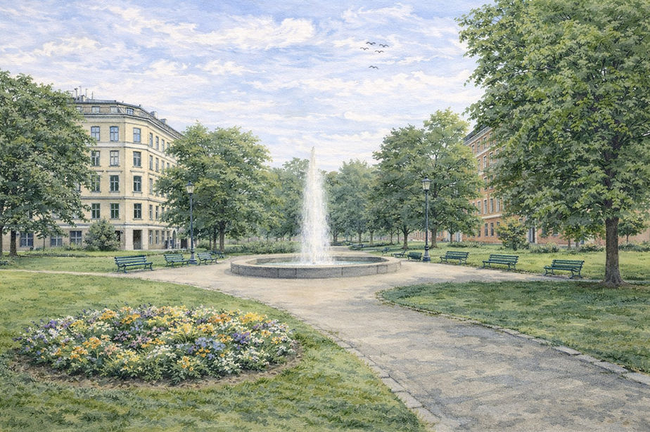 Olaf Ryes plass på Grünerløkka i Oslo med grønt parkanlegg, fontene, blomsterbed og klassiske bygårder rundt plassen. Motivet formidler byliv, historisk arkitektur og rolig parkstemning i en av Oslos mest kjente bydeler i Norge.