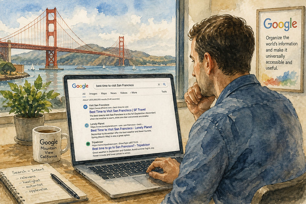 Akvarell fra San Francisco med en person som søker etter reiseinformasjon i Google, som illustrerer søkeintensjon og hvordan søkemotorer endret digital markedsføring og kundens vei til informasjon.