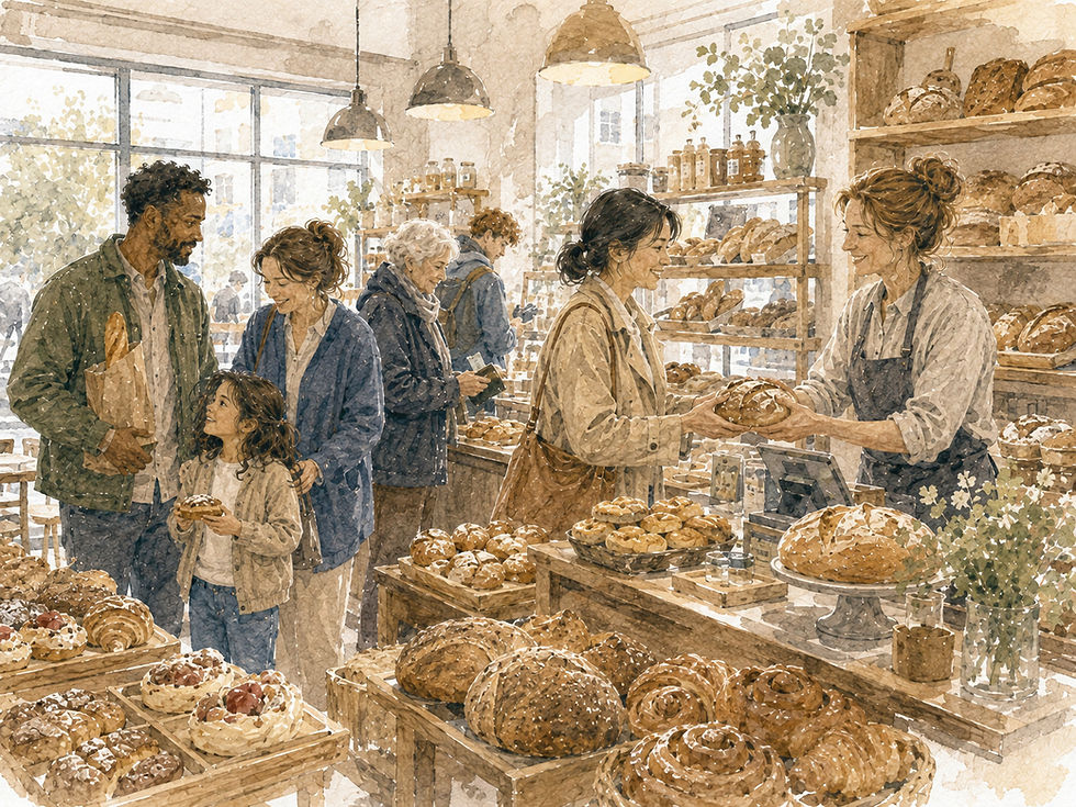 Akvarell fra et lyst og innbydende bakeri der familier, voksne og eldre kunder velger brød og bakervarer og møter medarbeideren over disken. Bildet illustrerer hvordan produktkvalitet, personlig service, rådgivning og menneskelig kontakt sammen skaper kundeopplevelse og tillit.