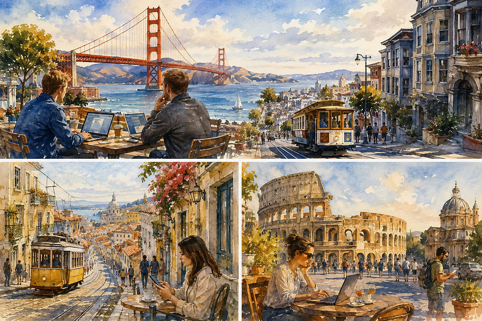 Akvarell med digitale hverdagssituasjoner fra San Francisco, Lisboa og Roma som illustrerer digitaliseringens utvikling fra internett og web til mobil teknologi, digitale tjenester, kundeopplevelse og kunstig intelligens.