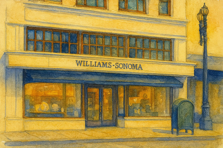 Akvarellillustrasjon av en Williams-Sonoma-butikk i San Francisco med varme butikkvinduer, klassisk byarkitektur og mykt kveldslys i blå og gylne toner. Motivet viser hvordan varehandel kan skape atmosfære, inspirasjon og identitet gjennom både fysisk butikkdesign og kundeopplevelse. Williams-Sonoma ble for mange som besøkte San Francisco et symbol på moderne retail, kvalitetsprodukter og tidlig omnikanaltankegang – hvor butikk, merkevare og livsstil smeltet sammen til en helhetlig opplevelse. Illustrasjonen representerer også inspirasjonen Magne Bjella hentet fra amerikansk varehandel, e-handel og kundeorientert utvikling under seminarene i San Francisco.