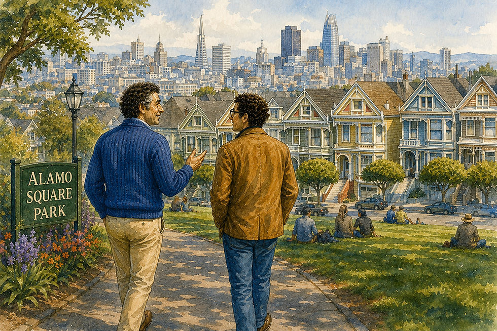 En detaljert akvarellillustrasjon viser Magne og KI-kompisen på spasertur gjennom Alamo Square Park i San Francisco med de ikoniske Painted Ladies i bakgrunnen. Magne har sin karakteristiske blå strikkegenser, lyse bukser og naturlige frisyre, mens KI-kompisen har briller, brun jakke, mørk høyhalset genser og jeans. De går sammen mot de historiske viktorianske husene mens San Franciscos skyline reiser seg bak dem. Parken er fylt med mennesker, blomster, store trær og grønt gress som skaper en varm og rolig atmosfære. Illustrasjonen symboliserer hvordan enkeltartikler kan knyttes sammen til et større kunnskapsunivers hvor hver artikkel leder leseren videre til neste spørsmål. Motivet visualiserer temaer som intern lenking, kunnskapsarkitektur, SEO, kunstig intelligens, digitalisering, læringsreiser, innholdsstrategi, brukeropplevelse, tillit og langsiktig verdiskaping.