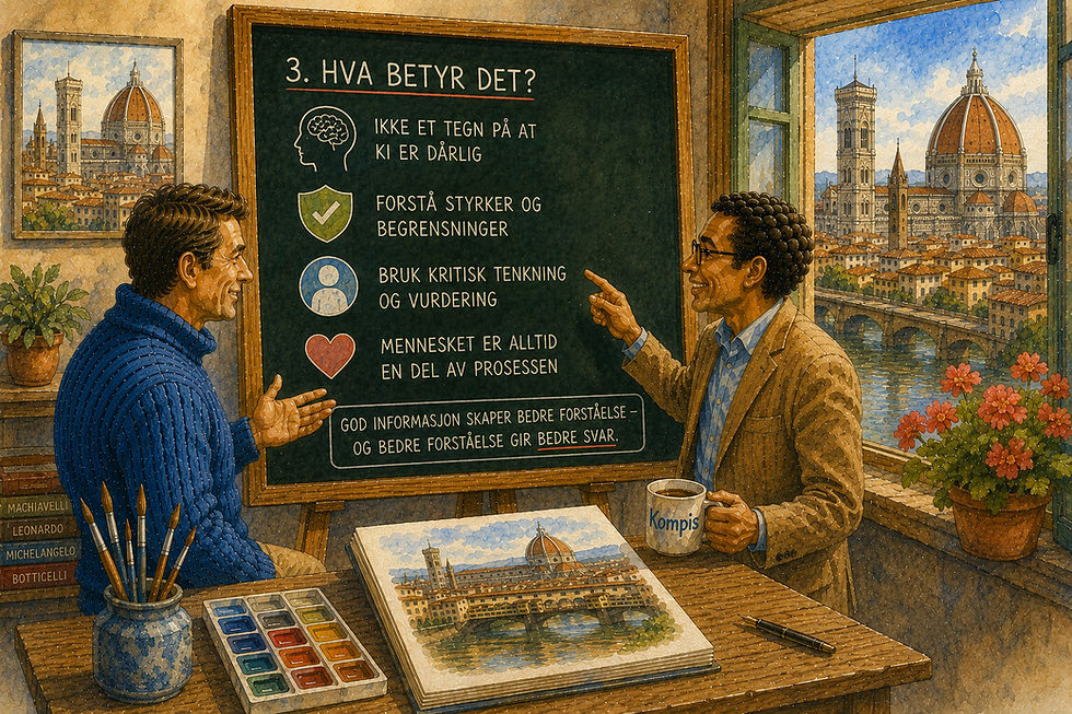 Pedagogisk akvarellillustrasjon av Magne og Kompisen foran en grønn undervisningstavle med utsikt mot Firenzes historiske sentrum og domkirken Santa Maria del Fiore. Tavlen oppsummerer artikkelens viktigste budskap: at feil fra kunstig intelligens ikke nødvendigvis betyr at teknologien er dårlig, men at den må brukes med forståelse, kritisk tenkning og menneskelig vurdering. Gjennom enkle symboler illustreres betydningen av å kjenne teknologiens styrker og begrensninger, kontrollere informasjon og bruke kunstig intelligens som et verktøy – ikke som en ufeilbarlig fasit. Illustrasjonen fremhever at godt formulerte spørsmål, gode kilder og menneskelig refleksjon skaper bedre svar og bedre beslutninger. Som en del av serien Magne & Kompisen visualiserer akvarellen hvordan kunstig intelligens, digital kompetanse, kildekritikk og kunnskapsutvikling henger sammen i en verden der både mennesker og teknologi samarbeider om å forstå informasjon.