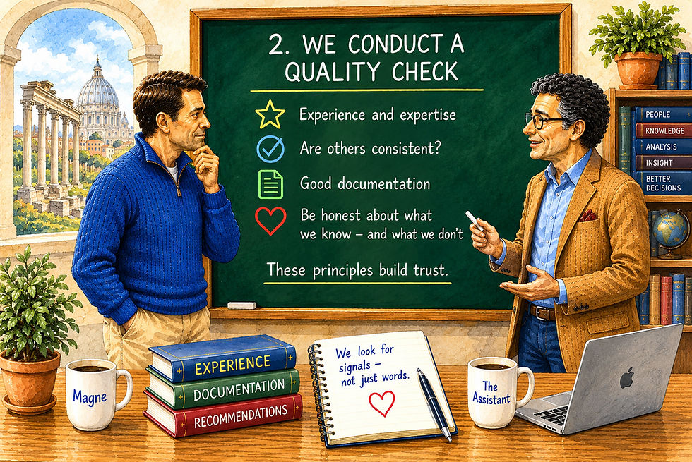 Watercolor illustration of Magne and Kompisen in front of a green board that explains how people intuitively conduct a quality check before trusting information or people. Through clear icons and short keywords, the importance of experience, expertise, documentation, recommendations and honesty about uncertainty is illustrated. With Rome as an evocative background, the illustration shows how these quality signals build credibility with both humans and artificial intelligence. The board emphasizes that trust is created through documented quality and professional integrity – not through claims alone.