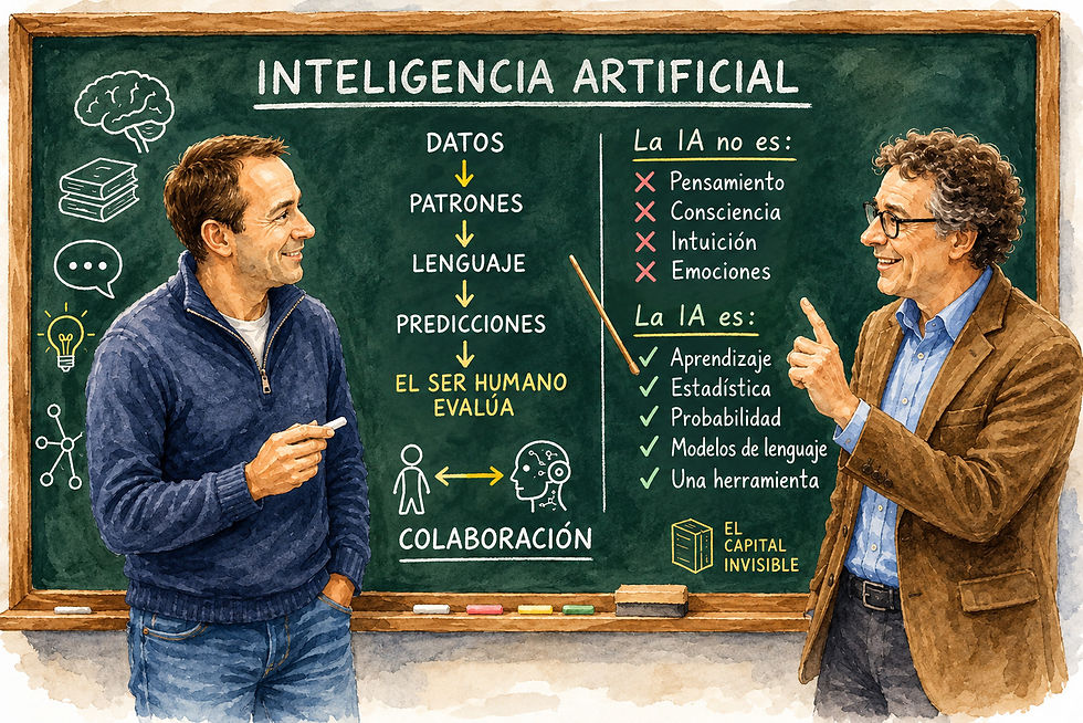 Ilustración en acuarela de Magne y su compañero de IA frente a una pizarra verde clásica en un aula. La pizarra muestra una introducción didáctica a la inteligencia artificial, con ilustraciones de datos, reconocimiento de patrones, modelos de lenguaje y juicio humano. El motivo enfatiza que la inteligencia artificial es una herramienta basada en estadísticas y probabilidad, no en la conciencia ni las emociones.
