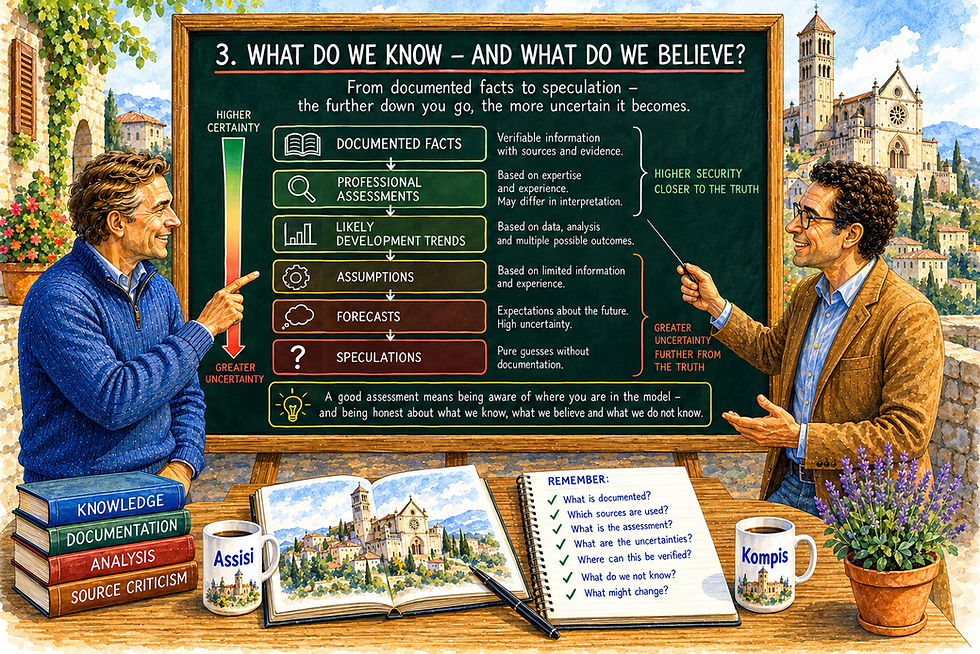 Watercolor with Magne and Kompisen in front of a blackboard that illustrates the difference between documented facts, professional assessments, probable trends, forecasts, assumptions and speculations. The illustration shows how the degree of uncertainty increases as documentation becomes weaker, and why human judgment is still crucial when artificial intelligence is used as decision support. The motif is used in a scholarly article about artificial intelligence, critical thinking, research, documentation, AI literacy, language models, SEO, GEO, generative artificial intelligence and source criticism.