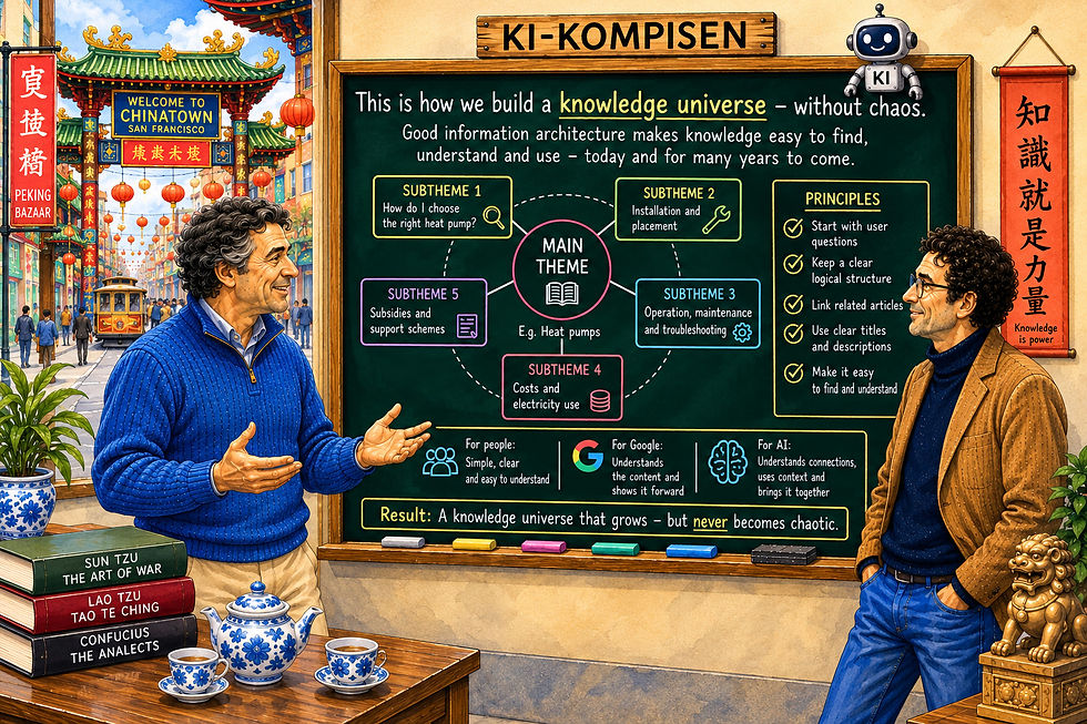 An extensive watercolor illustration shows Magne and his AI buddy in front of a large green board where the entire principle behind a knowledge universe is summarized in one clear model. In the middle of the board is a main theme surrounded by several subthemes that illustrate how articles, categories and related topics are connected to form a logical knowledge structure. Along the side, the basic principles are summarized: build around questions and needs, organize content logically, connect related articles, use clear titles and make knowledge easy to find. At the bottom, it is shown how good information architecture helps both humans, Google and artificial intelligence to understand the content and see the connections. Through the window, Chinatown with its red lanterns, classical architecture and vibrant street life gives the illustration a warm and complete identity. The image summarizes how a knowledge universe can grow over many years without becoming confusing when structure, logic and user needs are the basis.