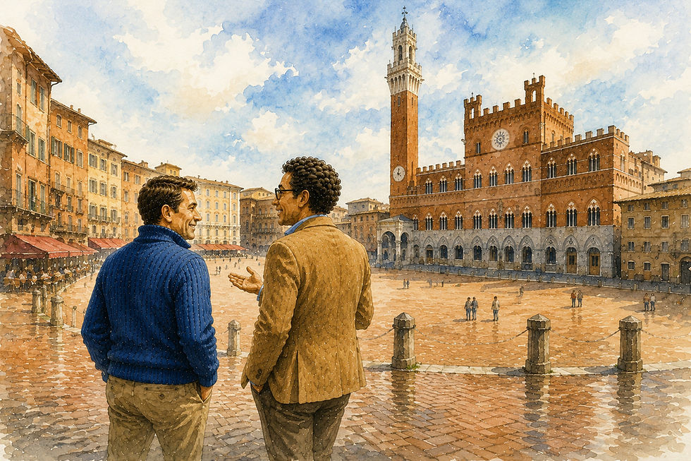 Stor akvarellillustrasjon av Magne og Kompisen som vandrer gjennom den historiske Piazza del Campo i Siena i Italia mens de samtaler om hvordan kunstig intelligens finner, vurderer og bruker informasjon. Omgitt av middelalderarkitektur, brosteinsbelagte gater, Palazzo Pubblico og det ikoniske Torre del Mangia illustrerer motivet hvordan kunnskap utvikles gjennom dialog, refleksjon og nysgjerrighet. Hovedillustrasjonen visualiserer artikkelens sentrale tema: hvordan kunstig intelligens først tolker spørsmål, vurderer hvilke opplysninger som er mest relevante, identifiserer mønstre og sammenhenger og deretter bygger et svar basert på språkforståelse og sannsynlighet. Motivet understreker at kunstig intelligens ikke fungerer som et tradisjonelt oppslagsverk, men som et avansert system for å analysere språk, kontekst og kunnskap. Illustrasjonen er en del av serien Magne & Kompisen på Den usynlige kapitalen, hvor komplekse temaer innen kunstig intelligens, digitalisering, kunnskapsdeling og