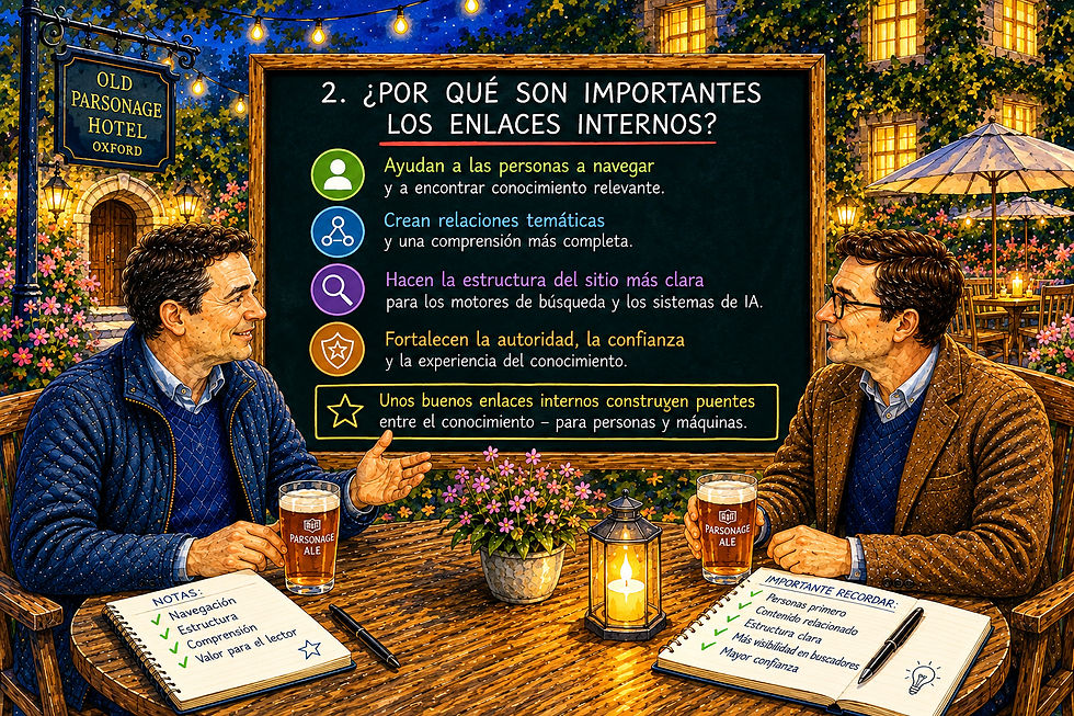 Magne y su compañero de IA conversan sobre la importancia de los enlaces internos frente a una pizarra didáctica en el jardín nocturno del Old Parsonage Hotel en Oxford. La pizarra muestra cómo los enlaces internos relevantes pueden ayudar a los usuarios a navegar y encontrar más información, crear conexiones académicas entre artículos y contribuir a una comprensión más integral de un tema. El modelo también ilustra cómo los enlaces internos pueden hacer que la estructura del sitio web y las relaciones entre el contenido sean más claras para los motores de búsqueda y los sistemas de IA que encuentran, analizan e interpretan la información. La cálida acuarela de cerveza inglesa, luz de velas y el entorno histórico de Oxford visualiza los enlaces internos como puentes entre el conocimiento y como una parte central de la arquitectura de información y conocimiento del sitio web.