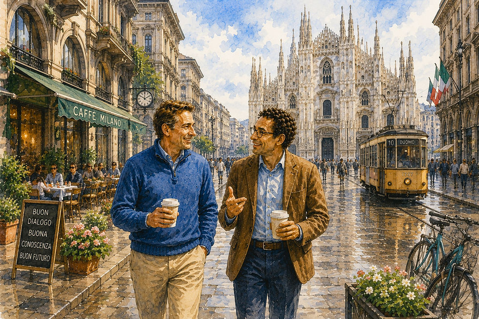 Stor akvarellillustrasjon av Magne og Kompisen som vandrer gjennom Piazza del Duomo i Milano mens de samtaler om hva en hallusinasjon i kunstig intelligens egentlig er. Rundt dem ligger den ikoniske domkirken Duomo di Milano, historiske bygninger, elegante arkader, italienske kafeer og den klassiske gule trikken som symboliserer Milanos levende bymiljø. Illustrasjonen visualiserer artikkelens hovedtema: hvorfor kunstig intelligens noen ganger kan presentere informasjon som virker korrekt og overbevisende, men som helt eller delvis er feil. Samtalen mellom Magne og Kompisen viser hvordan språkmodeller bygger svar ved hjelp av sannsynlighet, mønstergjenkjenning og språkforståelse – ikke ved å slå opp sikre fasitsvar. Akvarellen understreker betydningen av kildekritikk, dokumentasjon, kritisk tenkning og menneskelig vurdering når kunstig intelligens brukes som arbeidsverktøy. Illustrasjonen er en del av serien Magne & Kompisen på Den usynlige kapitalen, hvor kunstig intelligens, digitalisering, kunnskapsdeling, SEO, informasjonskvalitet og menneskelig verdiskaping forklares gjennom varme akvareller og pedagogiske dialoger.