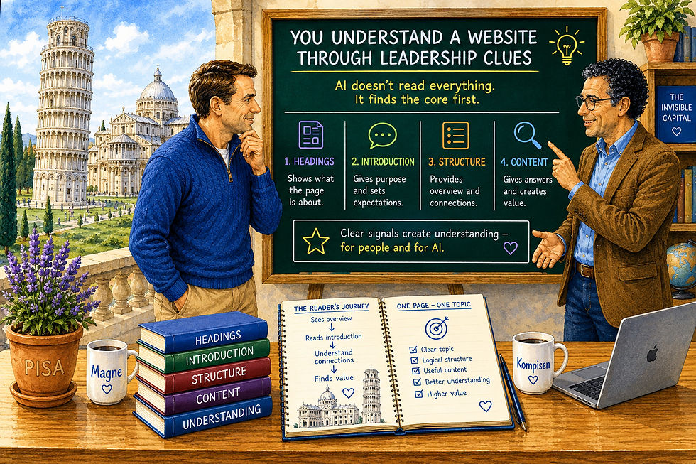 Watercolor illustration by Magne Bjella and the AI buddy in front of a green board with the Leaning Tower of Pisa and the historic Piazza dei Miracoli visible through the window. The board illustrates how artificial intelligence does not read a web page word for word from the beginning, but first identifies important signals such as the headline, intro, structure and content. Through a simple pedagogical structure, the illustration shows how these elements help both humans and digital systems understand what the page is about. At the same time, the importance of one clear theme per page is emphasized, so that the content is easier to interpret, navigate and build on.