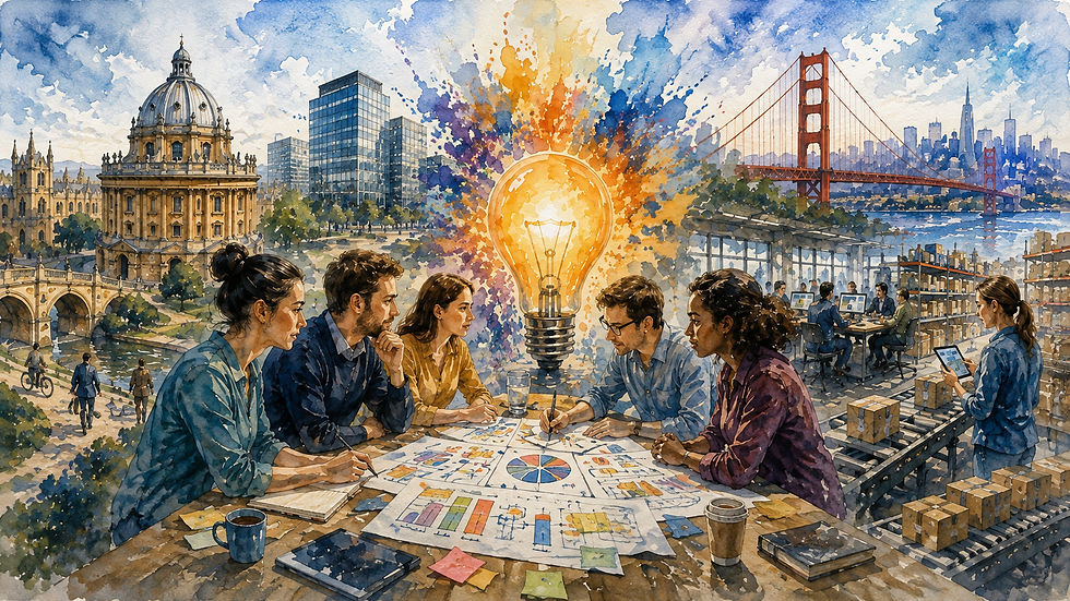 Detaljert akvarell som illustrerer innovasjon som samspill mellom mennesker, kunnskap, teknologi og praktisk gjennomføring, med Oxford, moderne virksomheter og San Francisco som visuelle forbindelser mellom forskning, ideer og verdiskaping.