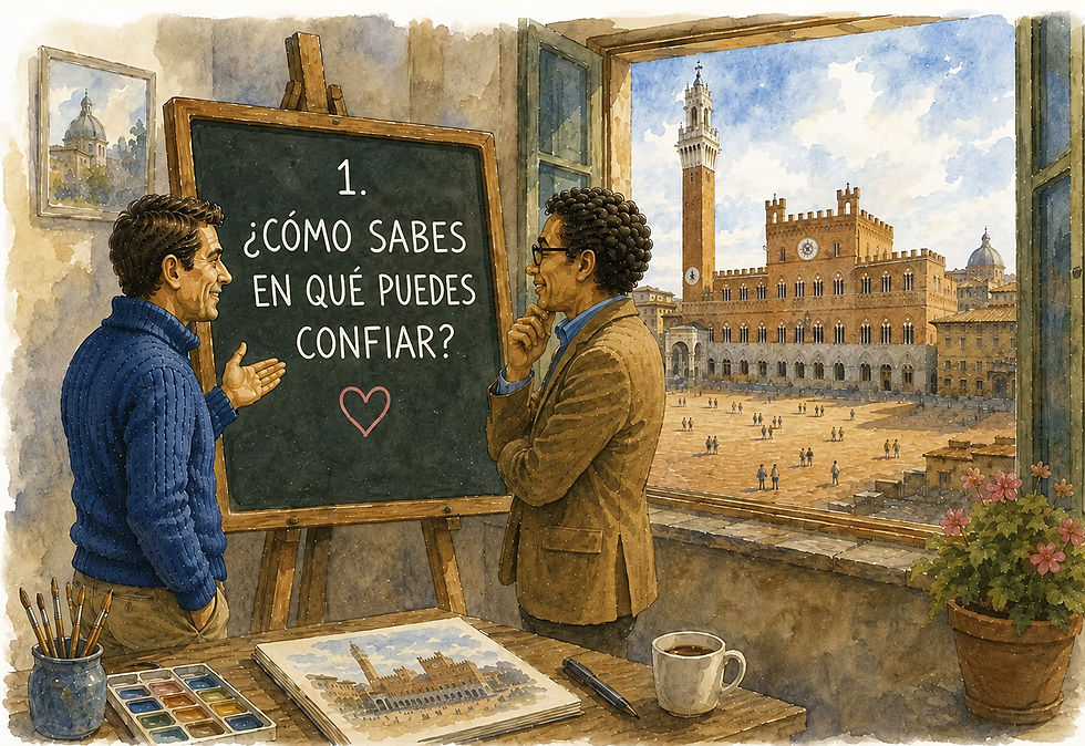 Ilustración educativa en acuarela para pizarra blanca del artículo "¿Cómo encuentra, evalúa y utiliza la inteligencia artificial la información?", que muestra a Magne y Kompsisen frente a una pizarra blanca verde con vistas a la Piazza del Campo y la Torre del Mangia en Siena. La pizarra introduce el primer paso del funcionamiento de la inteligencia artificial: interpretar la pregunta antes de intentar responderla. La ilustración explica que la inteligencia artificial analiza el lenguaje, los conceptos, las relaciones y el contexto para comprender la pregunta del usuario. En lugar de buscar una respuesta genérica, el sistema intenta identificar los temas, las palabras y las relaciones más relevantes. El estilo cálido de la acuarela facilita la comprensión de los principios avanzados de la IA y muestra cómo las preguntas bien formuladas y un contexto claro sientan las bases para mejores respuestas. Esta ilustración forma parte de la serie educativa Magne & Kompsisen, donde se explica la inteligencia artificial mediante diálogos, pizarras blancas y modelos visuales.