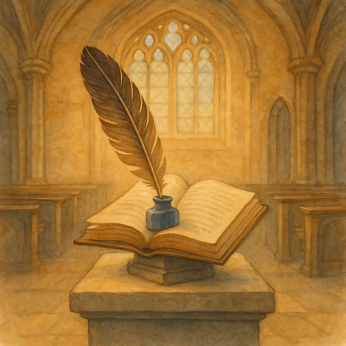 Akvarellillustrasjon inspirert av Oxford-universitetets akademiske tradisjoner, med en fjærpenn og en åpen bok plassert på et steinbord i et historisk bibliotek- eller collegesmiljø. De gotiske buene og det varme lyset skaper en stemning av refleksjon, forskning, skriving og læring. Illustrasjonen symboliserer kunnskapens historie, akademisk fordypning og forbindelsen mellom klassisk universitetskultur og moderne faglig utvikling.