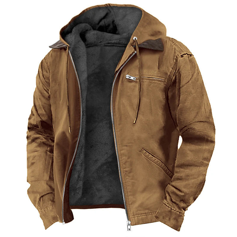 Men's Autumn Winter Casual Hooded Zipper Solid Fleece-lined Warm Jackets Male Mu