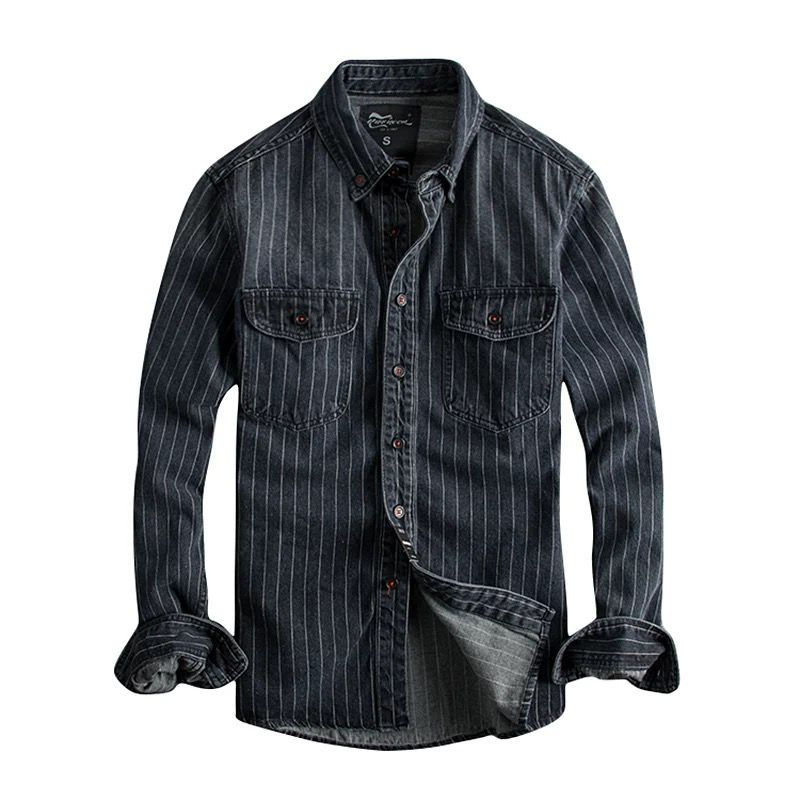 Retro Denim Shirt Men's Casual Long Sleeve Striped Jacket Thickened Worn-look Au
