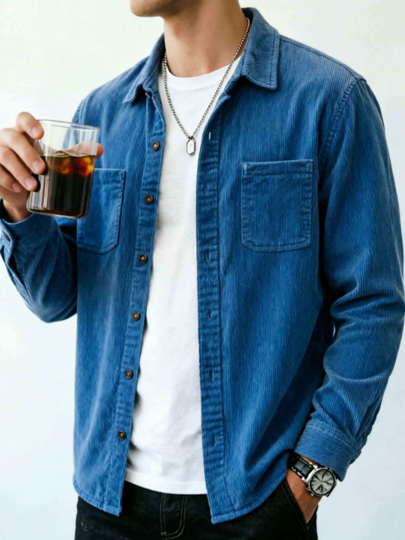 Men's Corduroy Long Sleeve Shirt: Multiple Colors Available, Classic Collar Loos