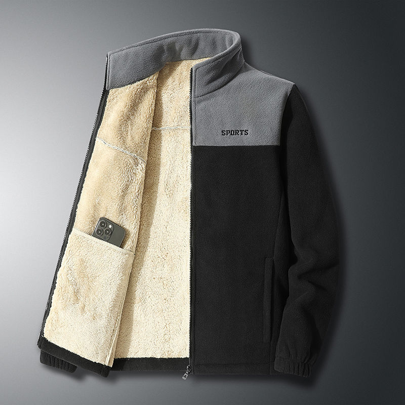 Thumbnail: Polar Fleece Jacket Men Contrast color Embroidery Letter Pockets Warm Coats Thic