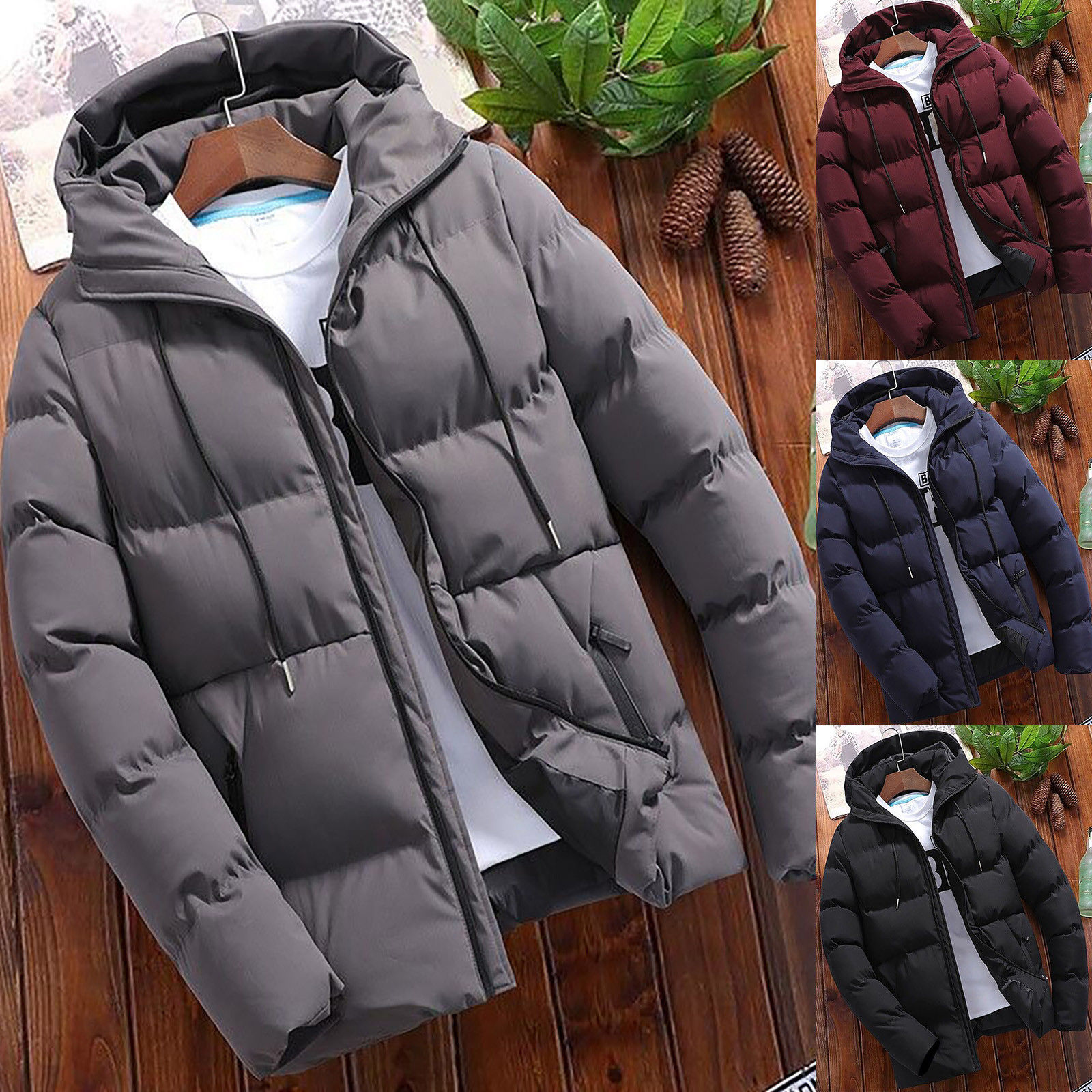 Men's Winter Parkas Versatile Solid Zipper Hooded Loose Wolfeel Quilted Jacket O