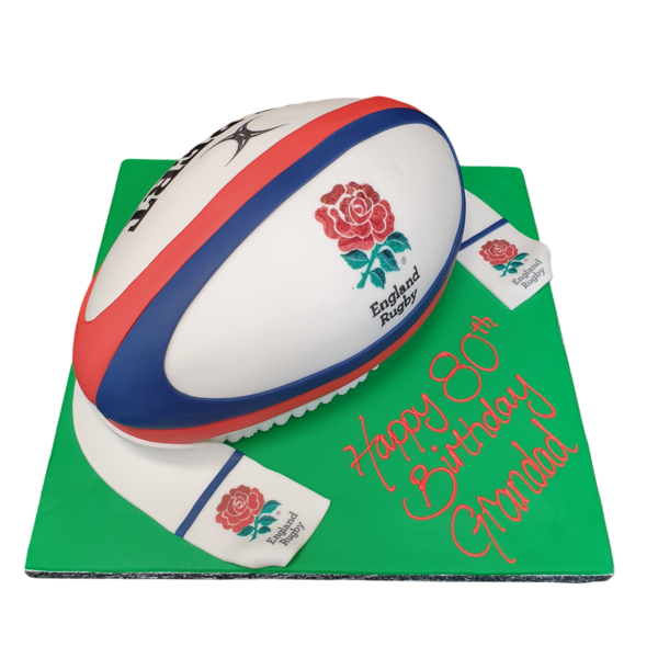 Rugby ball-shaped cake with intricate detailing, perfect for sports lovers and rugby enthusiasts in England.