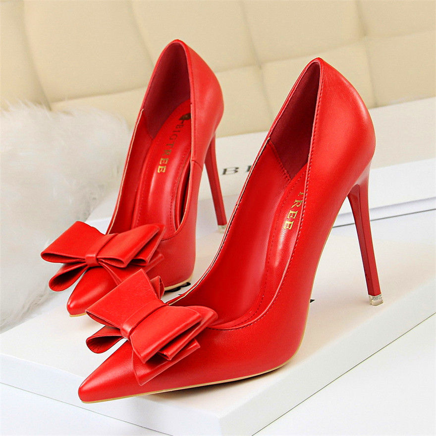 Miniatura: BIGTREE Red Blue Black Shoes Bowknot Sweet Woman Pumps Soft Leather Pointy Toe W