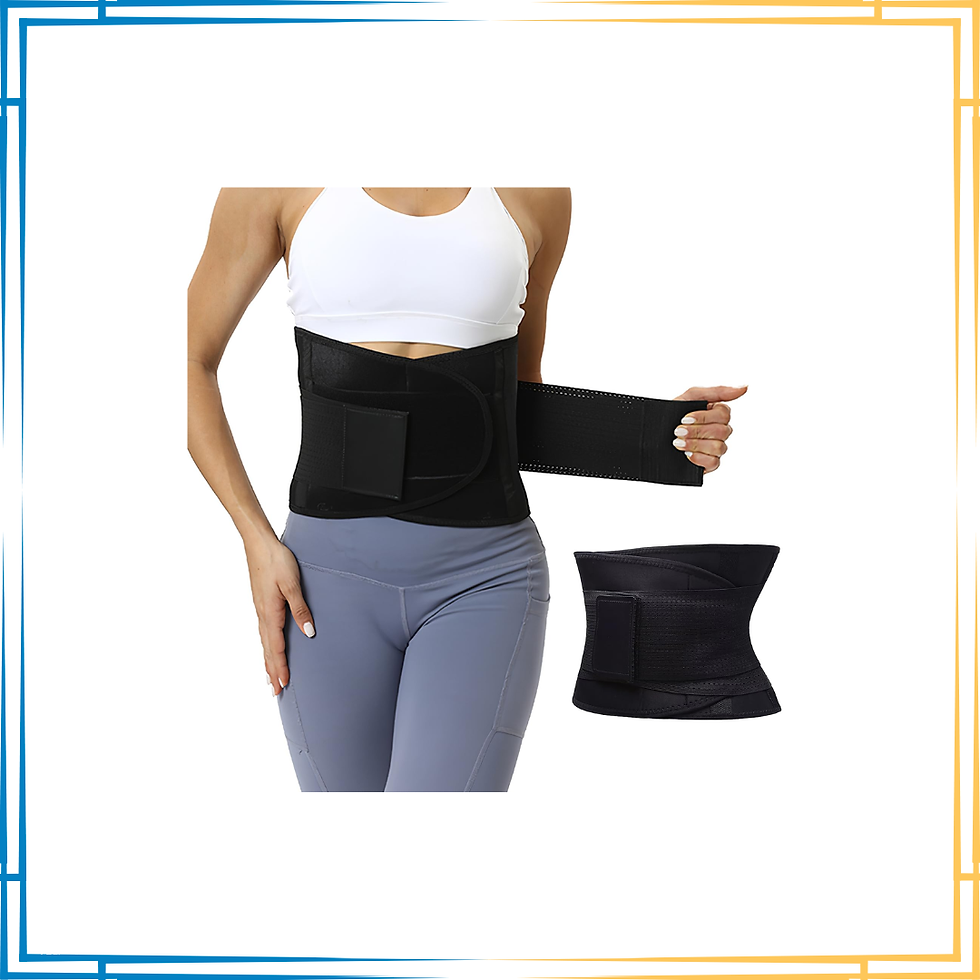 Woman wearing a black waist trainer, with another belt visible.