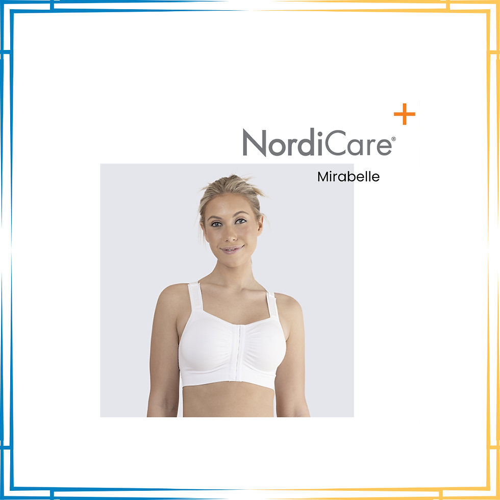 Woman wearing a white bra with NordiCare Mirobelle logo