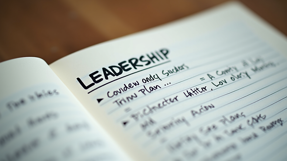 Close-up view of a notebook with leadership goals and action plans written