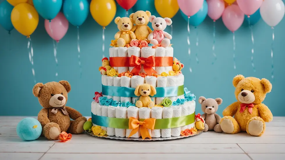 Eye-level view of a beautifully designed diaper cake adorned with ribbons and plush toys.
