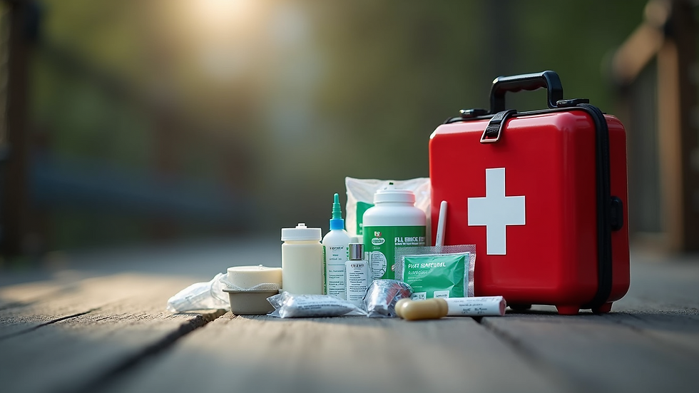 Close-up view of a first aid kit with essential supplies for training