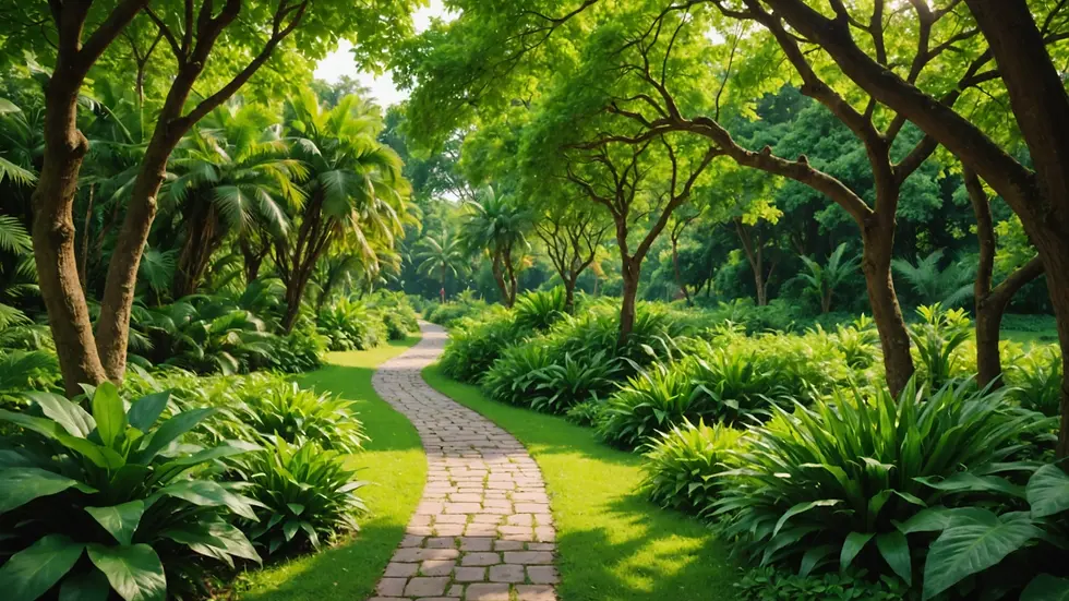 Wide angle view of lush greenery with a calm pathway inviting exploration