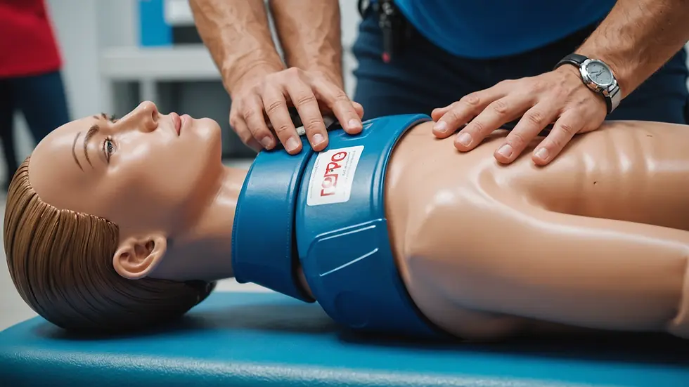 Close-up view of CPR training equipment including a manikin and training devices