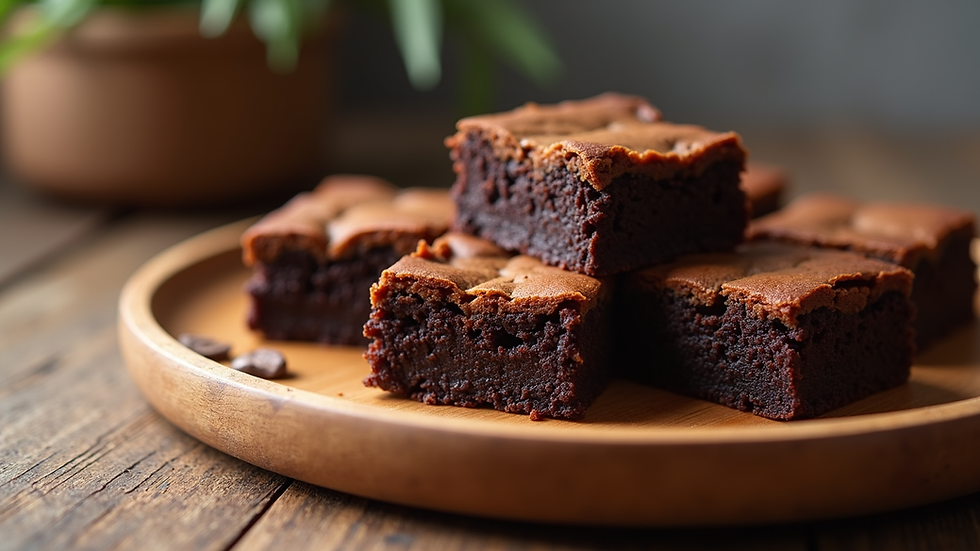 Close-up view of keto brownies on a wooden plate