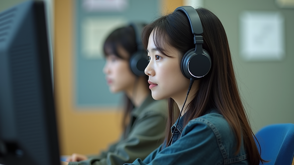 Eye-level view of a student listening to Chinese audio with headphones