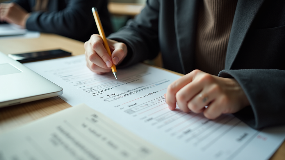 High angle view of a student completing a HSK2 mock test paper