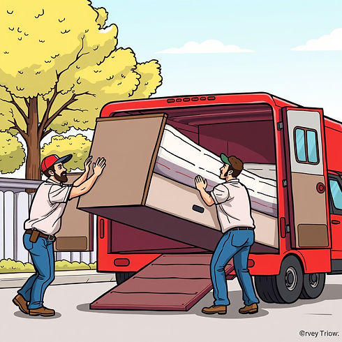 draw a professional cartoon of a junk removal team removing a dresser and mattress and pla