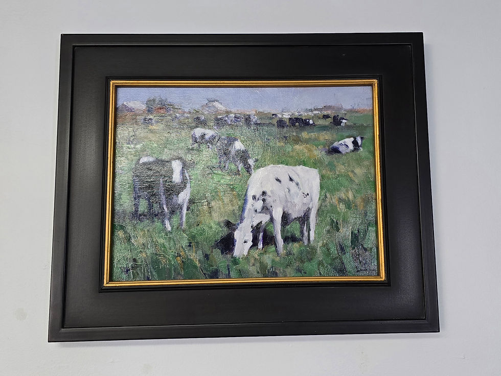 Thumbnail: Full view of the Holstein's painting with the black frame and gold